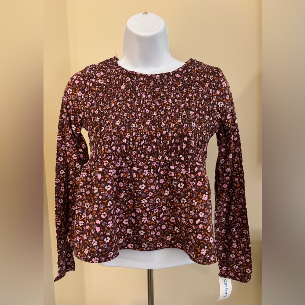 Carter's Brown Floral Smocked Peplum Long-Sleeve Top